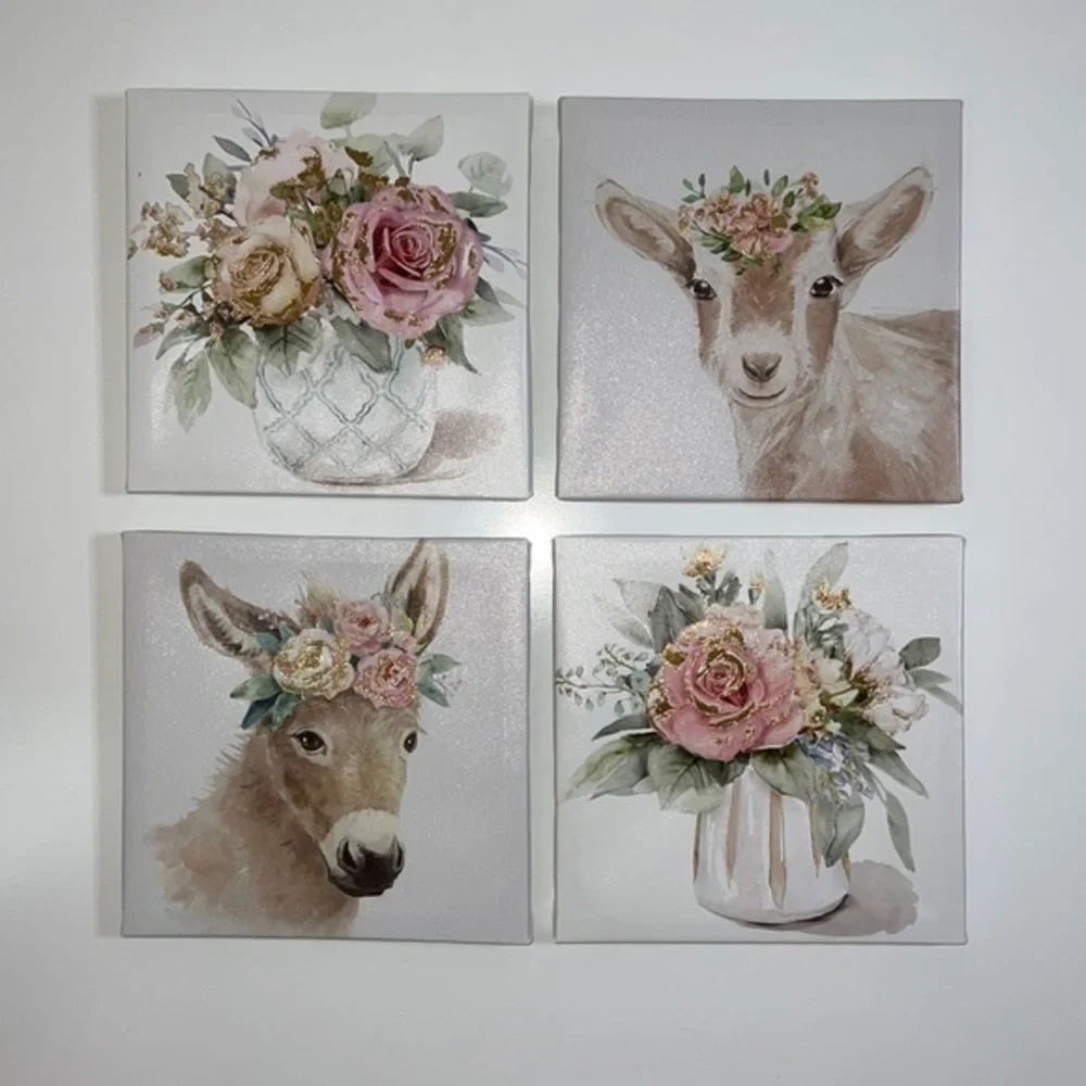 Floral Farm Animal Canvas Wall Art Set - Pink & Cream